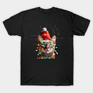 Christmas Lights Cat - Santa Black Cat Tangled Up In Christmas Tree Lights T-Shirt